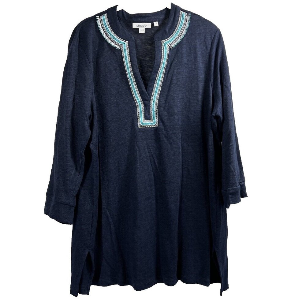 Chico's Women's Navy Blue 100% Linen‎ Beaded V-Neck Tunic Blouse Large Size 2